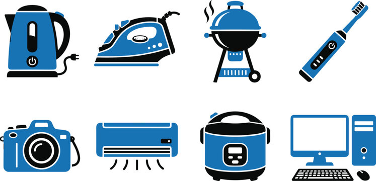 Home appliances icons. set of black and blue vector elements. electronics cooking cleaning equipment.