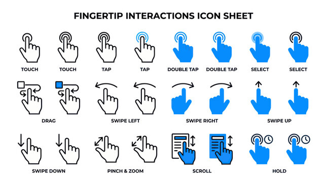 Fingertip Interaction Icon Sheet: Touch, Tap, Swipe, Drag, Pinch, Zoom, Scroll, Hold