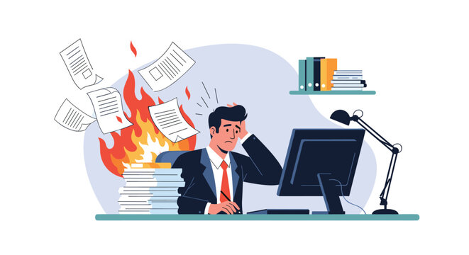 Overwhelmed office worker sitting at a desk with flying papers and a fire symbolizing high stress and workplace burnout.