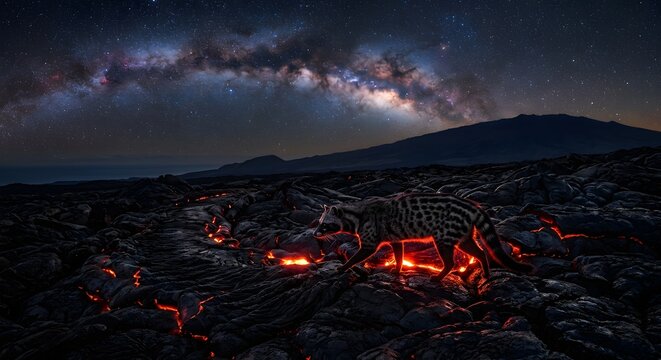 Sunset over mountain forests with blazing fire and glowing flames under the evening.