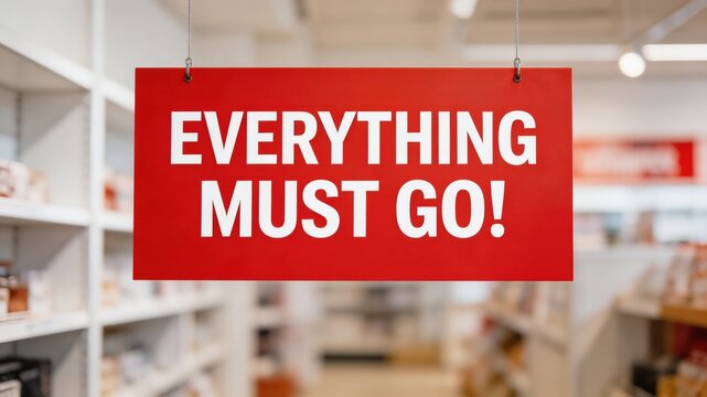A red sign with a bold white message indicating a store sale or clearance event, with a blurred background of white shelves and store products.