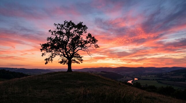 Sunset and sunrise over mountains with trees and sky and clouds in a natural landscape with warm light and horizon view