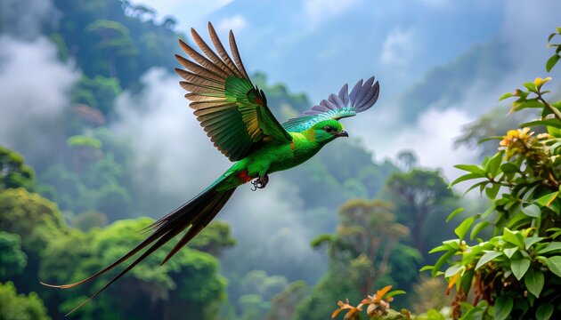 Resplendent Quetzal in Flight - A Vibrant Display of Natures Beauty.