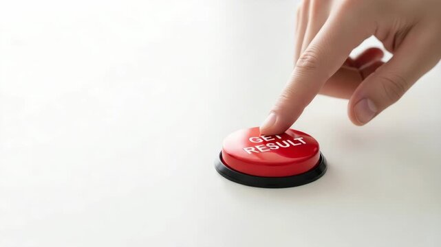 Woman finger pressing a red button labeled get result. Concept of instant automation and quick execution. Digital workflow solution for immediate task completion.