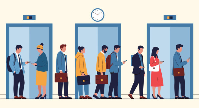 Long line of diverse business professionals waiting for elevators in a modern office lobby while using their smartphones.