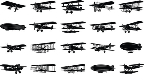 Vintage Airplane Silhouette Set Featuring Retro Biplanes Monoplanes and Blimps for Historical Aviation Graphic Design Elements © Shaharia Shaharia