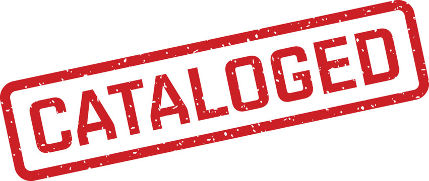Red grunge textured rubber stamp displaying the word CATALOGED on a plain white surface