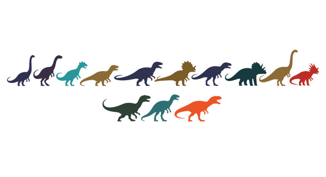 Horizontal row of various dinosaur silhouettes in colorful patterns representing different prehistoric species like t-rex.