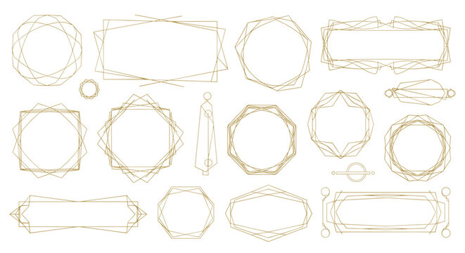 Collection of elegant and thin gold-colored geometric frames in various shapes like octagons for decorative borders.
