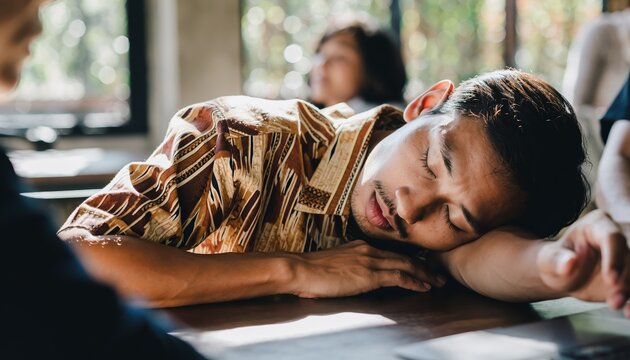 Young Man Sleeping on Table During Meeting.