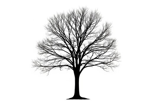 Black and white bare tree silhouette in winter style isolated on white background