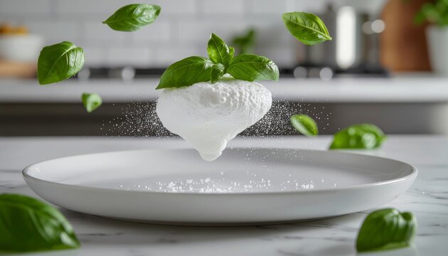 Burrata cheese levitating over a plate with basil leaves.