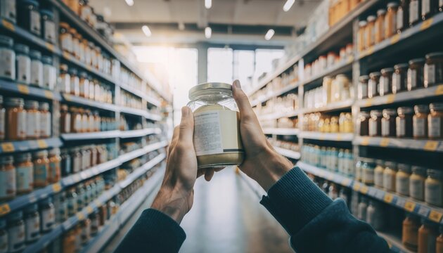 Person holding a jar of supplements in a store aisle.