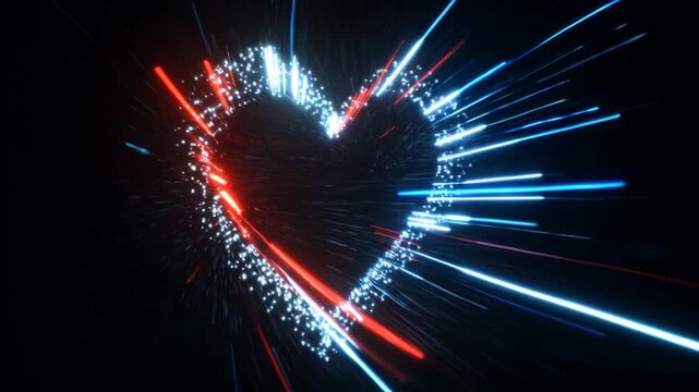 Glowing neon heart tunnel filled with sparkling stars and dynamic light streak motion graphics.