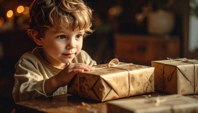 Excited Boy with Christmas Gifts Wrapped in Brown Paper.