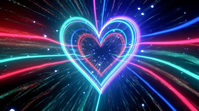 Glowing neon heart tunnel filled with sparkling stars and dynamic light streak motion graphics.