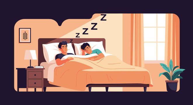 Two young men are sleeping soundly together in a comfortable bed inside a cozy bedroom with warm lamp lighting at night time.