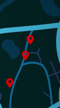 Vertical Video 4K UHD Animated city map with location pins and navigation routes. Modern GPS tracking concept for smart city