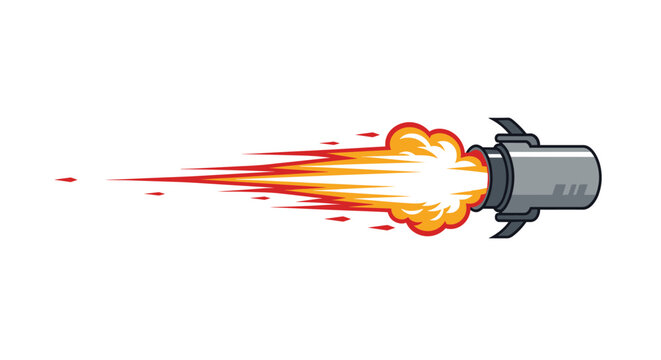 Powerful rocket missile propels forward at high speed leaving a dramatic trail of bright orange fire and smoke in its wake.