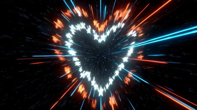 Glowing neon heart tunnel filled with sparkling stars and dynamic light streak motion graphics.