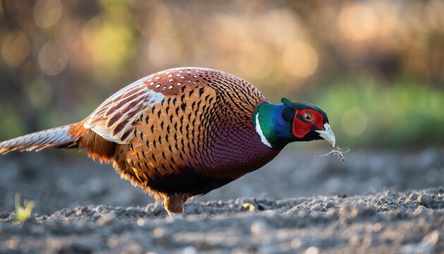 A Male Ring-Necked Pheasant Foraging in the Dirt.