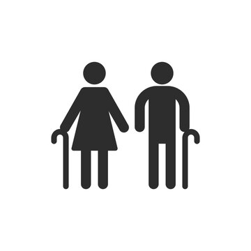 Old people icon. woman and a man with a cane. Monochrome black and white symbol