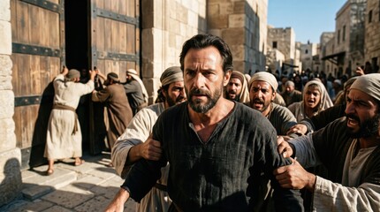Obraz premium Apostle Paul captured by angry mob in Jerusalem temple. Biblical scene depicting man dragged through ancient city gates by aggressive crowd. Historical religious drama recreation concept.