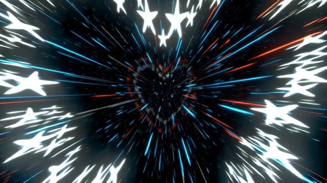 Glowing neon heart tunnel filled with sparkling stars and dynamic light streak motion graphics.
