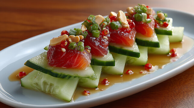 Fresh cucumber bites topped with tuna and herbs. Healthy low-carb appetizer, elegant finger food, party snack and gourmet seafood presentation.