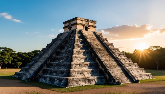 Majestic Mayan Pyramid of Kukulkan at Chichen Itza during Sunset.