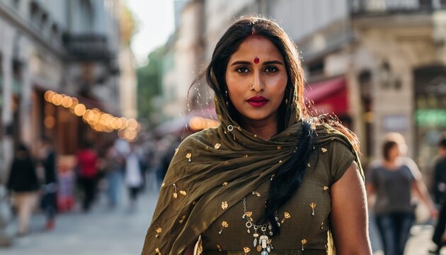 Portrait of a beautiful Indian woman with a bindi on her forehead, walking in a bustling street.