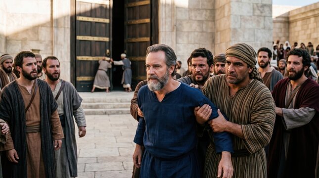 Apostle Paul captured by crowd in Jerusalem temple. Historical reconstruction of biblical scene from Acts 21. Man in blue tunic seized by group of men in ancient middle eastern clothing.