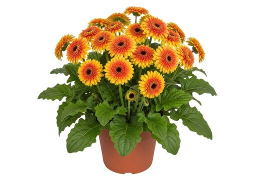 Bright yellow gerbera daisies in a terracotta pot with green leaves isolated on white background