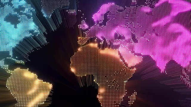 Digital world map displayed in colorful dots showing continents and countries during a tech event in the evening