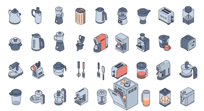 Extensive collection of isometric kitchen appliance icons includes blenders, toasters, coffee makers, and food processors in a modern style.