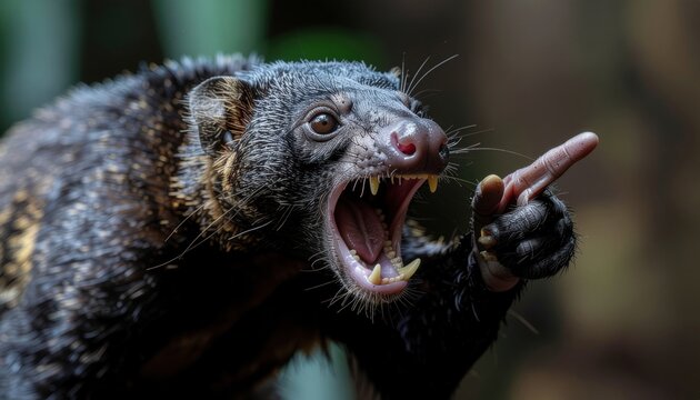 Close-up of a Binturong showing its sharp teeth and open mouth.