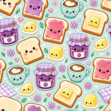 Cute kawaii breakfast seamless pattern with cartoon bread toast, jam jars, butter cubes, and coffee cups on light mint green background. Creative generative AI digital illustration for wrapping paper 