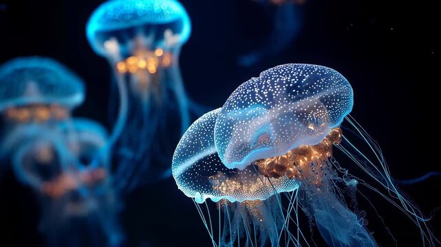Jellyfish swim gracefully in dark ocean waters with glowing blue lights at night near a coral reef