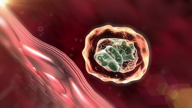 Macrophage uproots the virus and engulfs it to dissipate, T cell, B cell, immune cells, immunotherapy, close-up of the interior of the immune system, medicine  treatment, 3D animation.