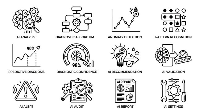 Artificial Intelligence and Machine Learning Diagnostic Process Icons Set.
