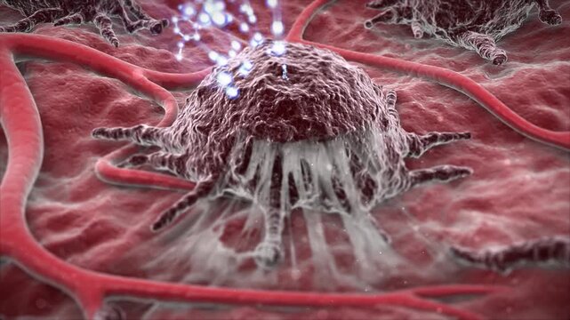 Tumors and cancer cells are treated with medicine. Tumors are killed by chemotherapy and radiotherapy. Various tumors in human organs, covered with vascular network,oncology 3D animation.