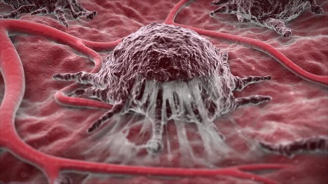 Tumor, cancer cell treatment. Tumors are killed by chemotherapy and radiotherapy. Various tumors in human organs, covered with vascular network, tumor environment, oncology 3D animation,Alpha channel.