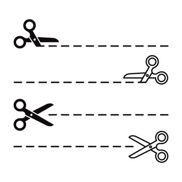 Scissors with cut lines icon set. Scissors cutting signs.