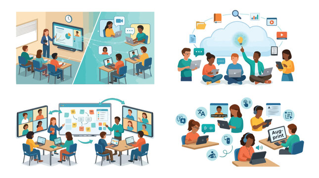 Diverse group of students and professionals participating in hybrid learning and remote collaboration using digital devices interactive whiteboards and cloud technology for education