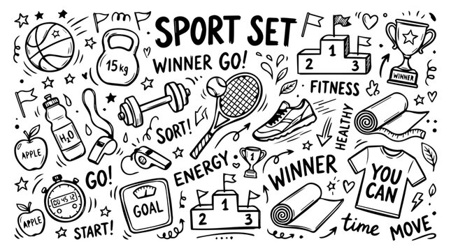 Sport doodle set featuring fitness equipment, trophies, and motivational phrases symbolizing health, energy, and active lifestyle inspiration