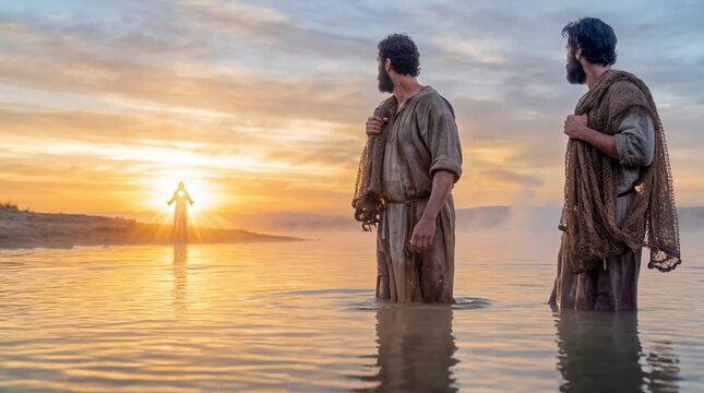 Peter and Andrew Called by Jesus at Shore of Sea of Galilee at Dawn