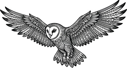 Barn Owl Tattoo Design, Intricate Wings, Hand Drawn Illustration © Duren