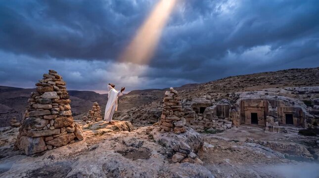 Lone Robed Figure at Stone Graves in Judean Wilderness Under Divine Light