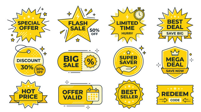 Yellow Sale Tags and Badges Set: Discounts, Offers, and Promotions