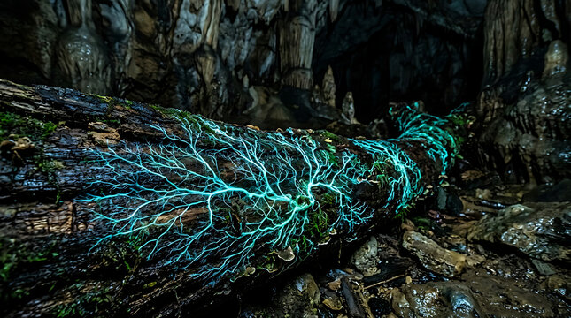 Bioluminescent Mycelium Spreading Vibrant Growth Across Decaying Wood in a Dark Cave Environment